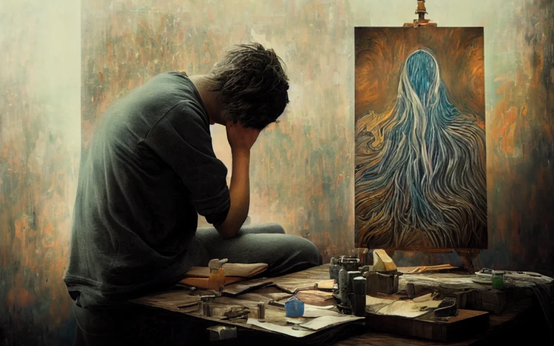 Depression guy with a hand in his hair and a painting in the back. Creativitygoeso hand in hand and was essential to go from escaping the matrix to nomadic entrepreneurship